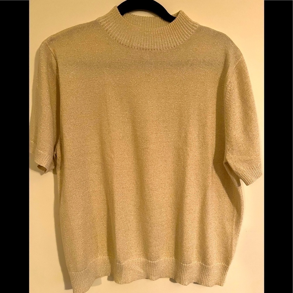 Vintage Bon Worth Metallic Gold Mockneck Short Sleeve Sweater